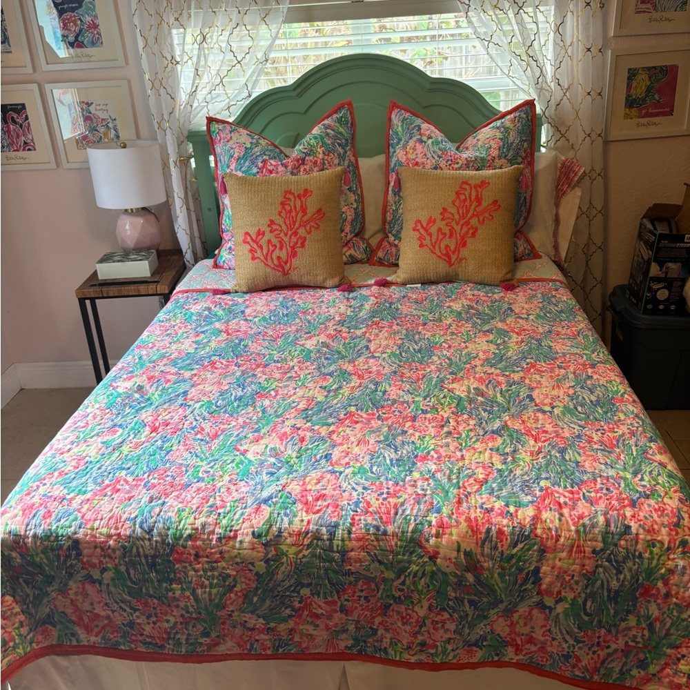Lilly Pulitzer Pink and Green Floral Quilt Bedding Set with accent pillows